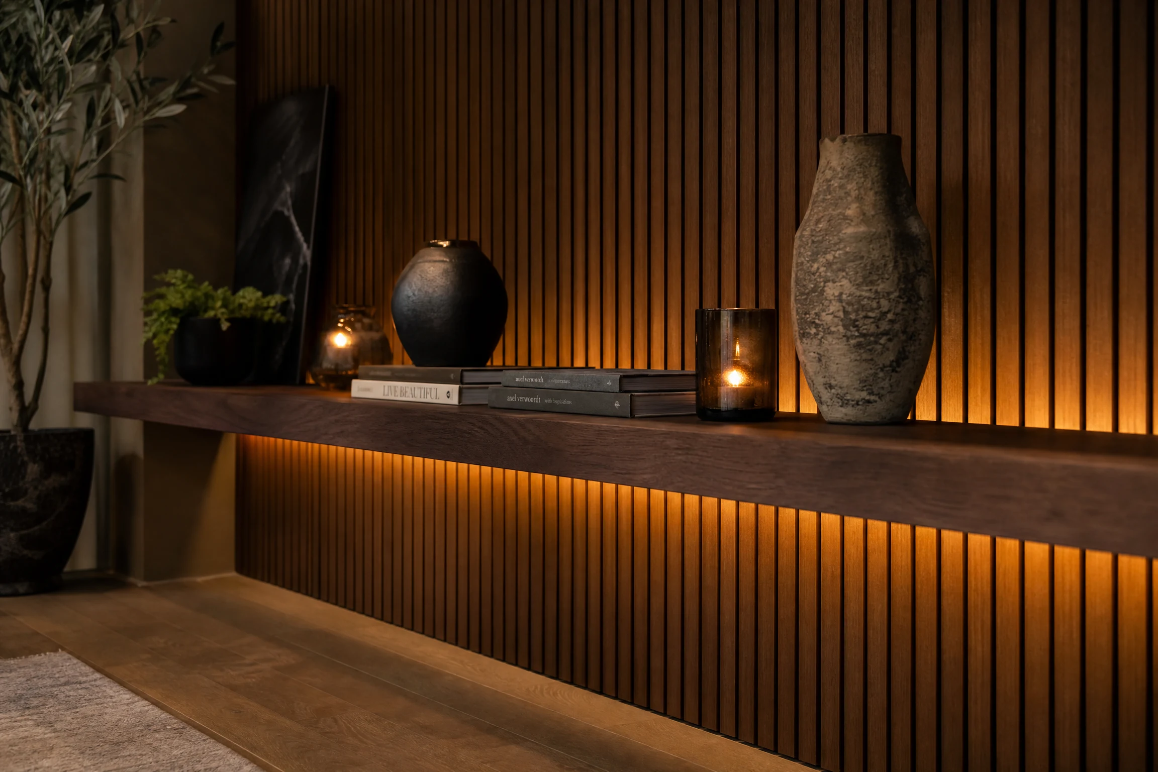 Luxury floating shelf system with integrated lighting